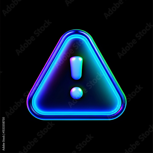 Neon Warning Sign with Exclamation Mark on Black Background
