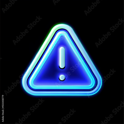 Neon Warning Sign with Exclamation Mark on Black Background