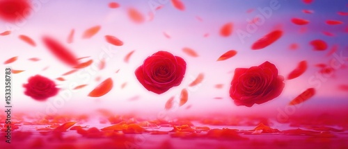 Floating roses with falling petals in a soft, romantic setting