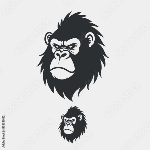 Vector logo: A powerful, detailed gorilla head in two sizes, conveying strength and intensity in a bold, expressive style.