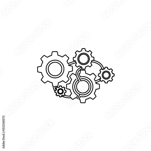 Connected Gears Outline: Simple Linear Vector Illustration Depicting Interlocking Mechanical Cogwheels for Engineering and Technological Concepts