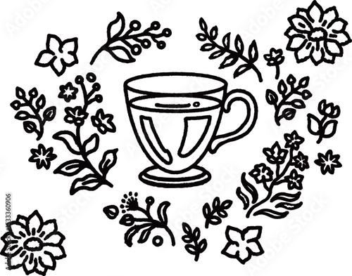 草花に囲まれたティーカップの黒い線画
