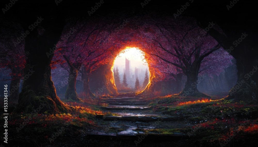 Naklejka premium Enchanted forest path to light