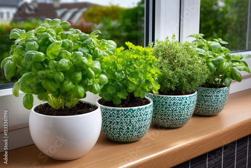 Fresh Culinary Herb Plant in Pot on Windowsill Basil Parsley Thyme Growing Indoors
