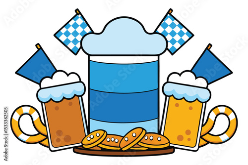A festive cartoon illustration of a cold pint of beer with foamy head and a side of chips, perfect for a pub celebration or Oktoberfest party