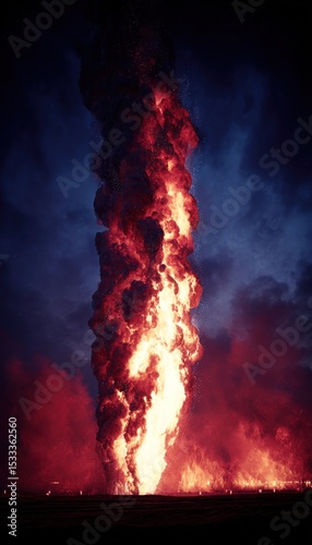 Fiery column of smoke erupts into a dark night sky