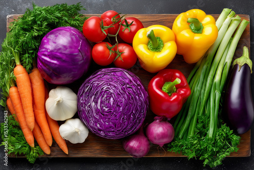 Fresh Vegetable Still Life on Wooden Board Healthy Eating Ingredients
