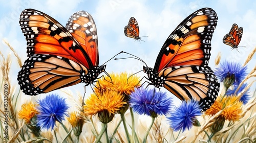 Vibrant Monarch Butterflies on Summer Flowers A Stunning Nature Illustration
