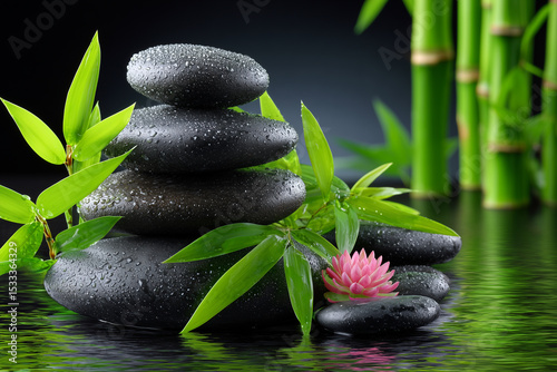 Zen Stone Stack with Bamboo and Water Lily for Spa and Wellness Concept
