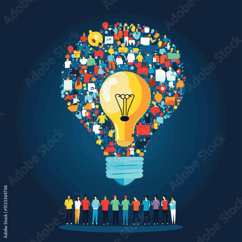 Business team with innovation networking and creative lightbulb in world shape. Inspiration and solution for business success and achievement. Vector