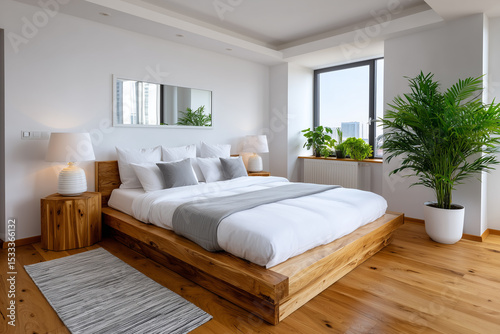 Modern Bedroom Interior With Wooden Bed Frame And Plants In White Room