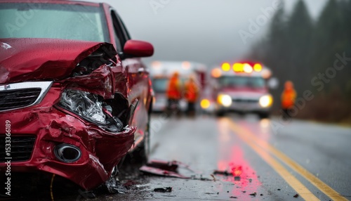 a heavily wrecked red car in rainy weather, parked on roadside after accident, broken front bumper and crushed headlights, emergency team and ambulance in background