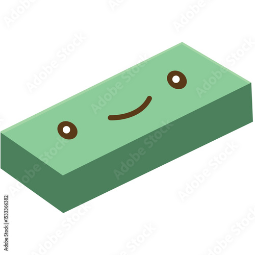 Green cartoon eraser with a smiling face. Perfect for educational visuals, kawaii-themed school elements, or fun learning materials for kids.