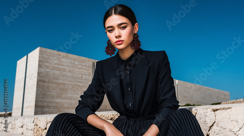 Elegant Woman in Black Suit With Modern Architecture and Blue Sky Background