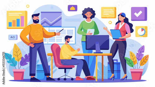 Team collaboration in office with data and presentation