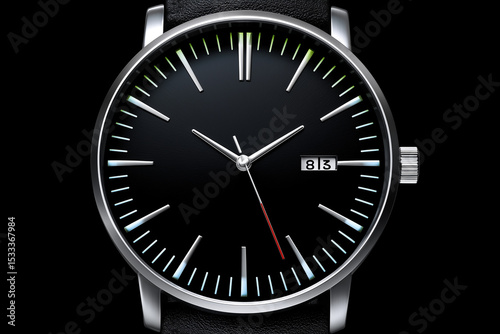 Elegant Wristwatch Close Up Timepiece with Black Dial and Silver Hands on Black Background
