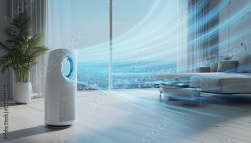 futuristic smart air purifier operating in a bright modern living room, visual blue airflow lines showing purified air circulation
