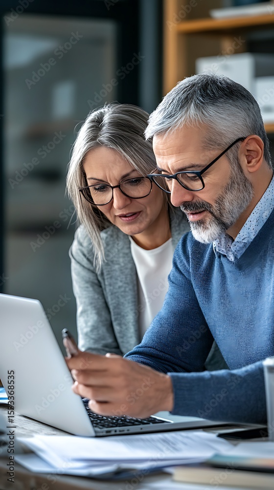 Fototapeta premium senior couple in eyeglasses working with laptop together at home