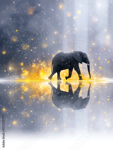 Dreamscape of an elephant walking through a shimmering landscape under a starry sky filled with golden light