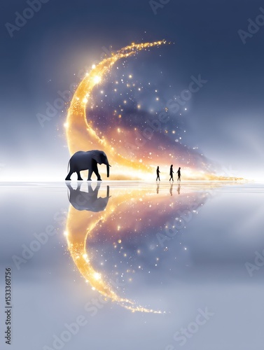 Exploring a dreamscape with an elephant beneath a shimmering crescent moon and a starlit sky