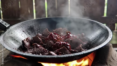 Cooking Meat Over Open Fire in Wok