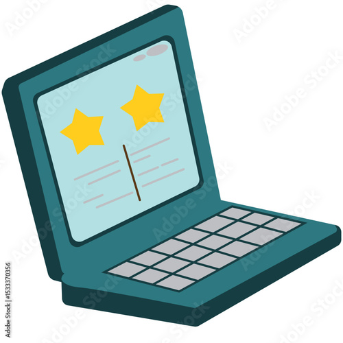 Cartoon laptop with star ratings on the screen. Ideal for e-learning, online school content, digital tests, or educational illustrations.