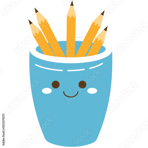 Blue pencil holder with a smiling face and pencils inside. A cheerful school supply element for kids' learning and educational designs.
