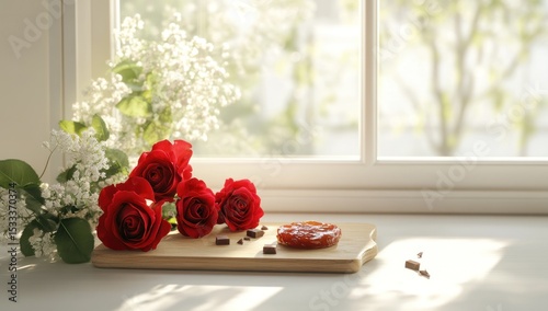 Serene morning still life with red roses, dessert, and sunlit windowsill