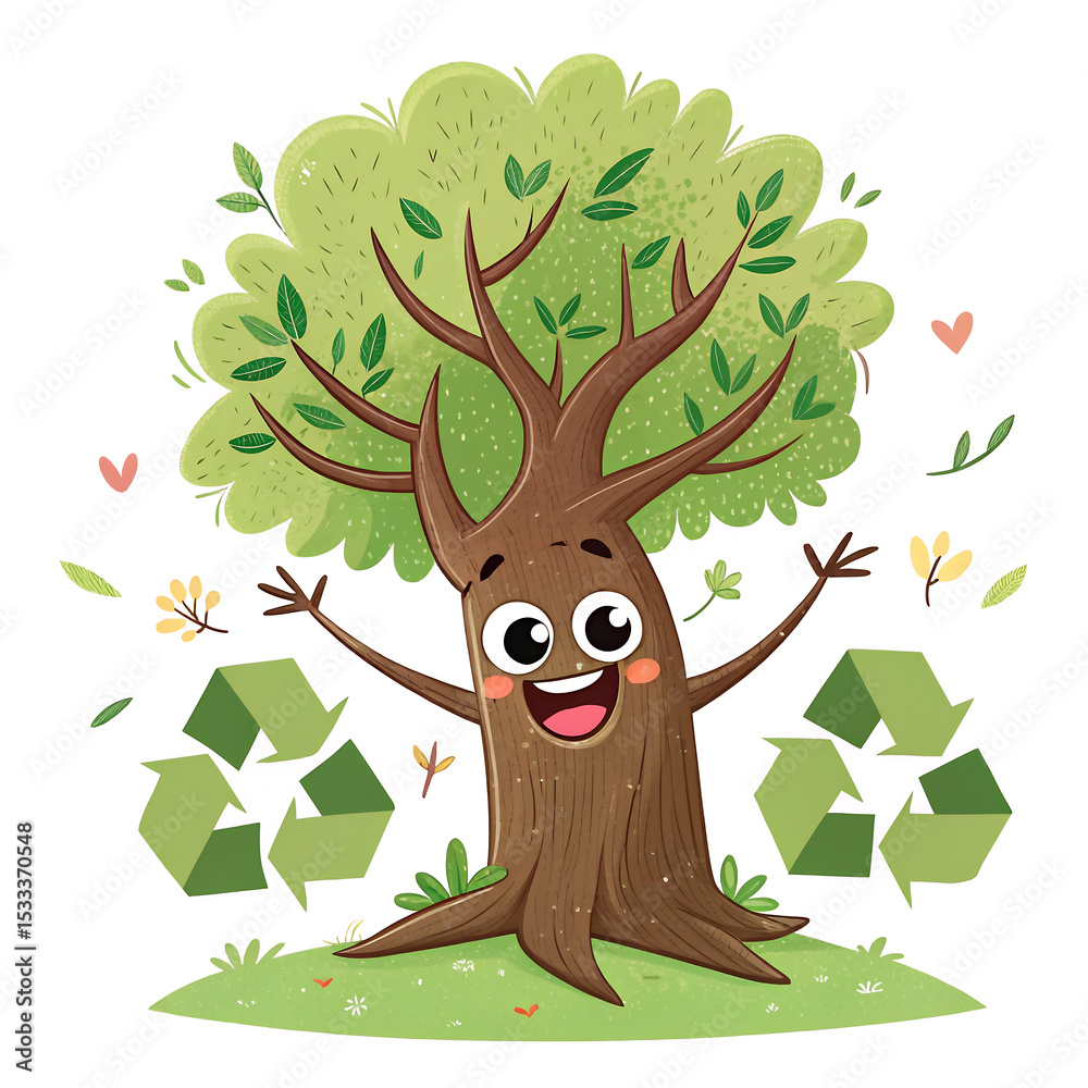 Naklejka premium Eco-Friendly Tree: A cheerful cartoon tree embraces the essence of eco-consciousness. Green recycling symbols symbolize a commitment to environmental protection.