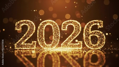 A shower of shimmering golden glitter and dust magically comes together to form the number 2026. Perfect for a glamorous happy new year 2026 party or awards show
