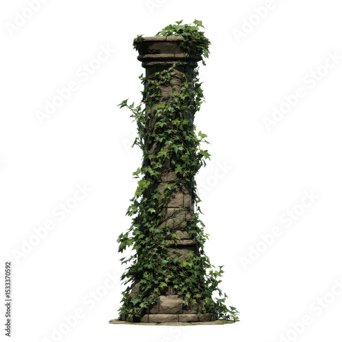 Overgrown Stone Column A 3D Render of an Ancient Pillar Covered in Lush Ivy