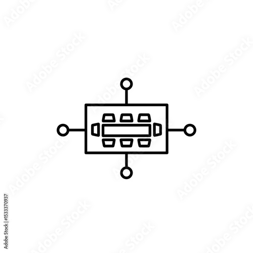 Meeting Room Connectivity Icon: Networked Business Concept with Boardroom Table Outline and Connection Points for Seamless Collaboration