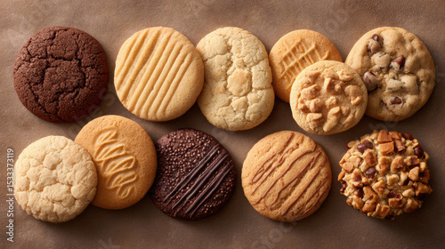 Delicious assorted cookies arranged neatly close up shot, showcasing various textures