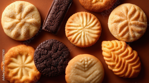 Assorted cookies arranged neatly, showcasing various shapes and textures, evoke sense of delight