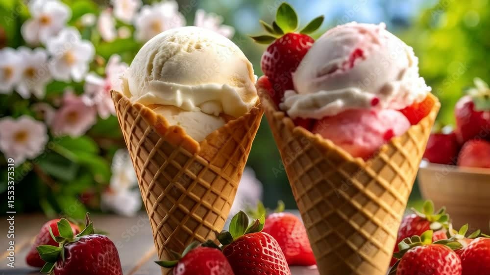 Two waffle cones filled with vanilla and strawberry ice cream surrounded by fresh strawberries on a weathered wooden surface.