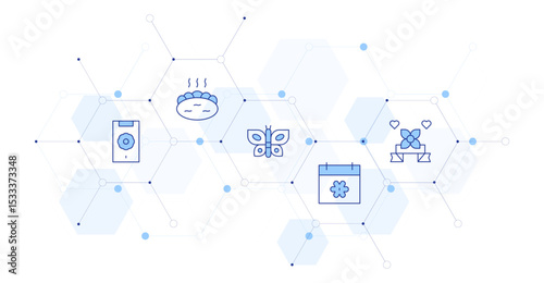 Spring Banner Vector Illustration with Icon Style in Between. Line Duotone icon. Containing. mobile phone, hot spring, butterfly, spring, spring break.. mobile phone, hot spring