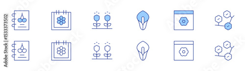 Spring icon set in two styles, Duotone and Thin Line style. Editable stroke. spring notebook, calla lily, calendar, pollination, cherry blossom.. spring notebook, calla lily, calendar, pollination