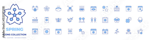 Spring icons collection. Line Duotone style, editable stroke. springtime, spring, hot spring, spring break, flowers, calendar, sakura, collar, plant, butterfly.. springtime, spring, hot spring