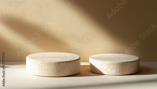 Elegant Minimalist Still Life with Two Pedestals and Sunlight Patterns Backdrop