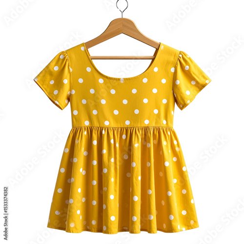  “Yellow Polka Dot Dress on Wooden Hanger – Transparent Background”.