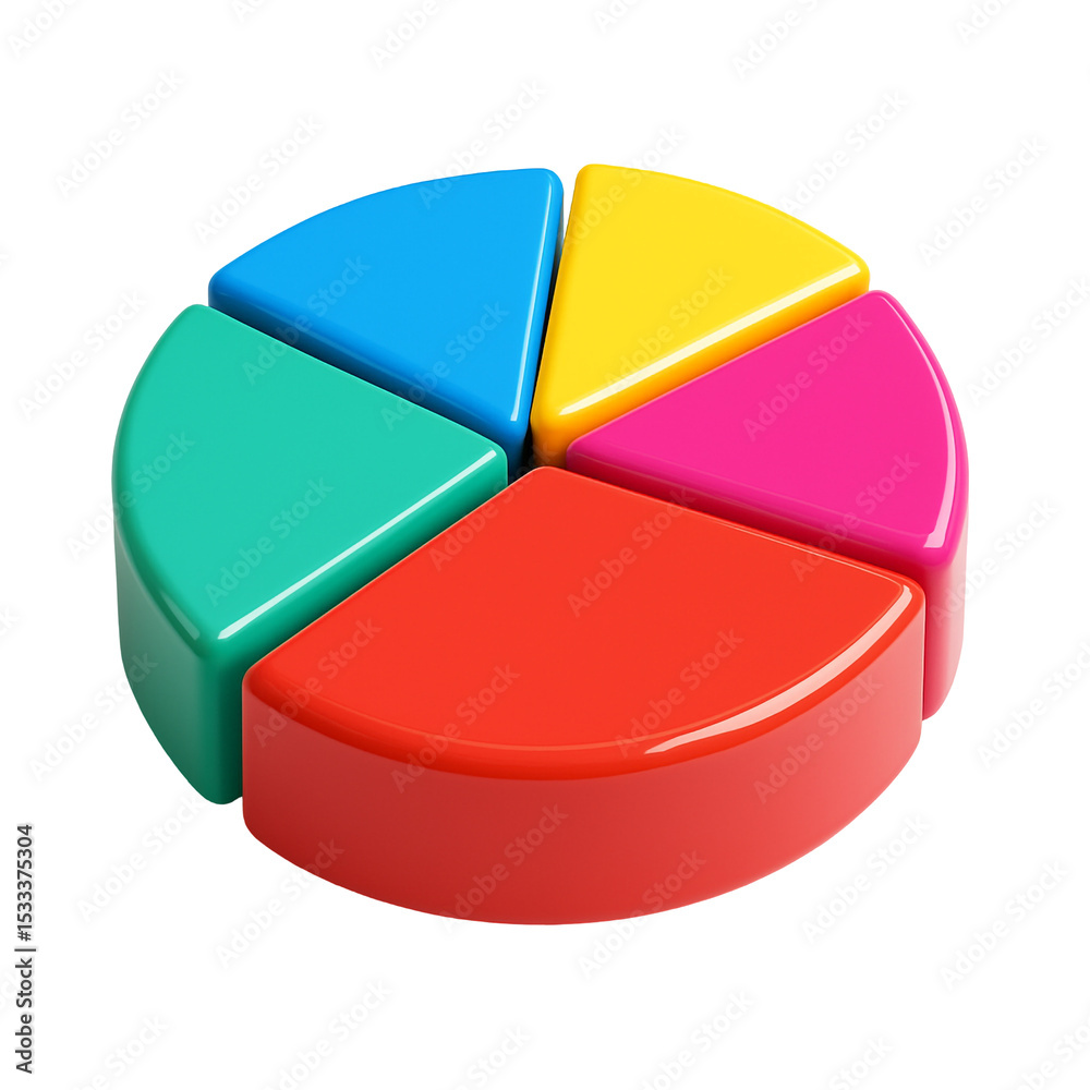Hyperrealistic 3D pie chart with vibrant glossy segments isolated on white Hyperrealistic 3D pie chart with vibrant glossy segments isolated on white