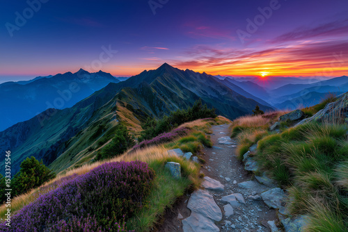 Mountain Ridge Trail at Sunrise with Purple Heather and Scenic Vista