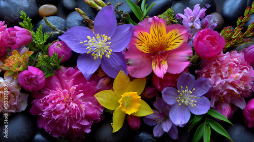 Colorful Flower Arrangement on Black Stone Background Floral Still Life Photography