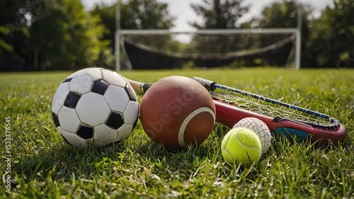 Assorted sports equipment on a grassy field. A variety of balls, rackets and a glove.