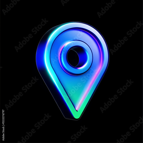 Glowing Neon Location Pin Icon on Black Background