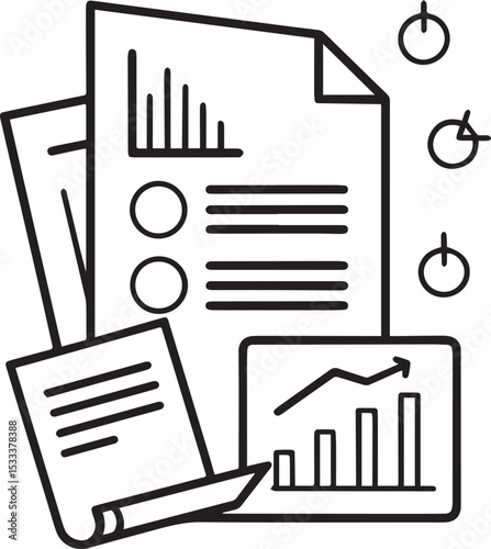 Business and finance icon set: vector illustration of office, web, and document symbols with charts and graphs
