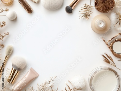 Elegant cosmetics arrangement on pristine white surface for skincare promotion