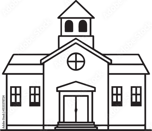 Old wooden church architecture drawing with a holy cross symbol and cartoon roof window illustration