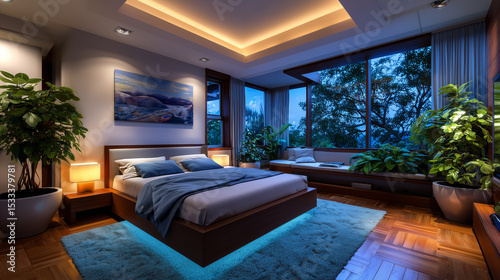 Cozy Bedroom Interior With Bed Plant and Window Seat at Night
