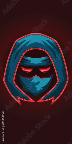 It is a stylized illustration of a ninja mascot logo. The character is shown wearing a blue hood and face mask, with only intense, glowing red eyes visible, sharp edgy bold outlines, glowing effect.